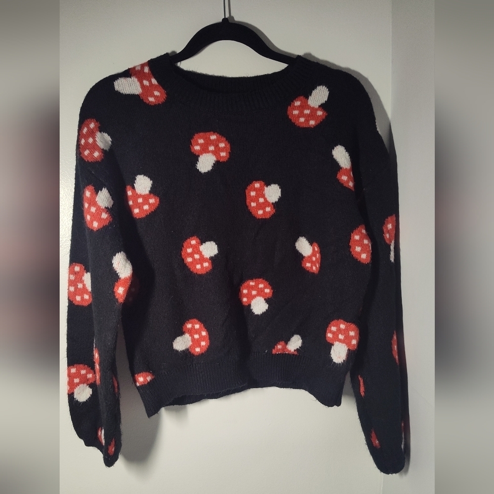 Rue21 Black Sweater with Red and White Mushroom Pattern #502